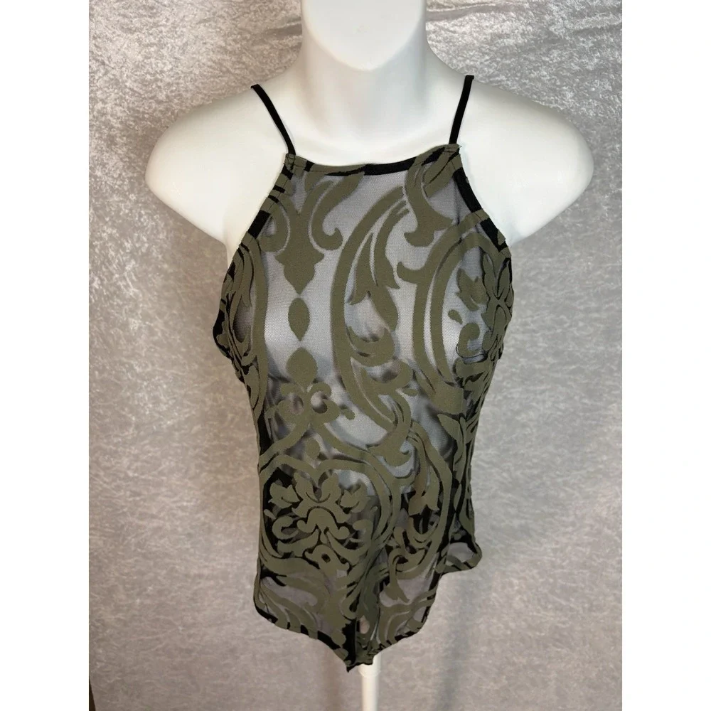 Y2K Sheer Mesh Burnout Velvet Bodysuit Coquette Indie Sleaze Backless Halter Top - Picture 2 of 6